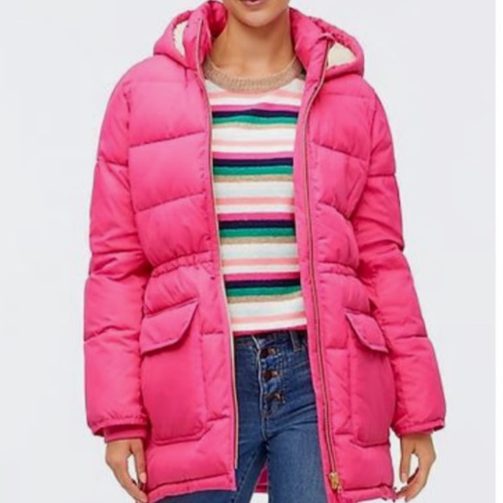 New J. Crew Pink Sherpa Hooded Puffer Jacket